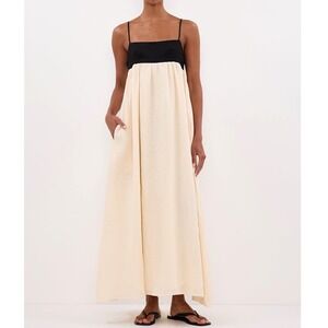 DISSH Elena Linen Maxi Dress Buttermilk Yellow Cream Black Colorblock Pockets 8